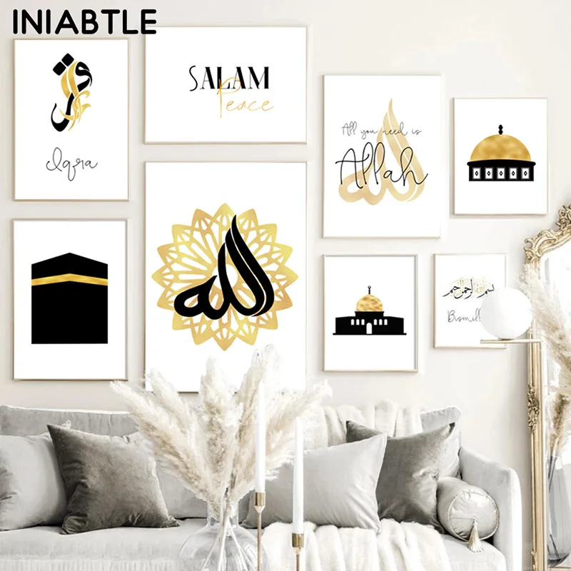 

Золотая мусульманская мечеть, арабские плакаты и принты, настенная живопись на холсте, скандинавские настенные картины для декора гостиной