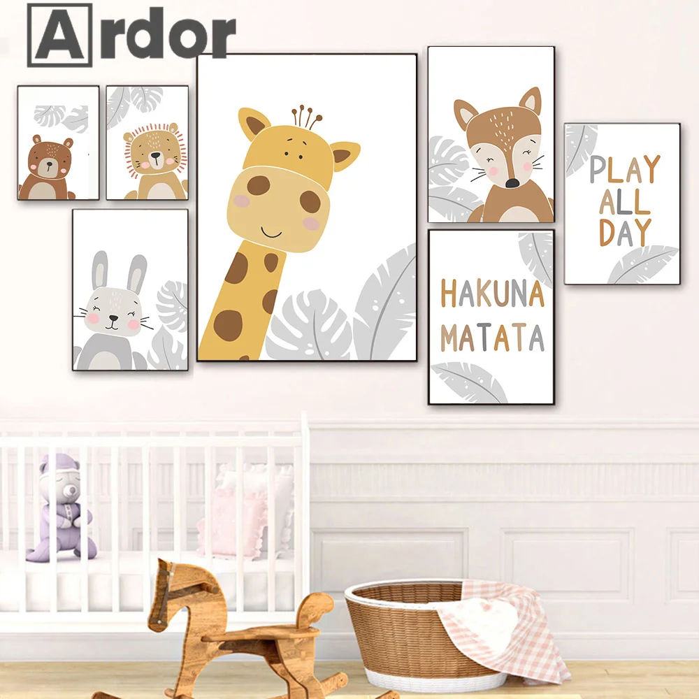 

Nursery Jungle Animals Wall Art Canvas Painting Giraffe Bear Rabbit Fox Poster HAKUNA MATATA Print Wall Pictures Kids Room Decor