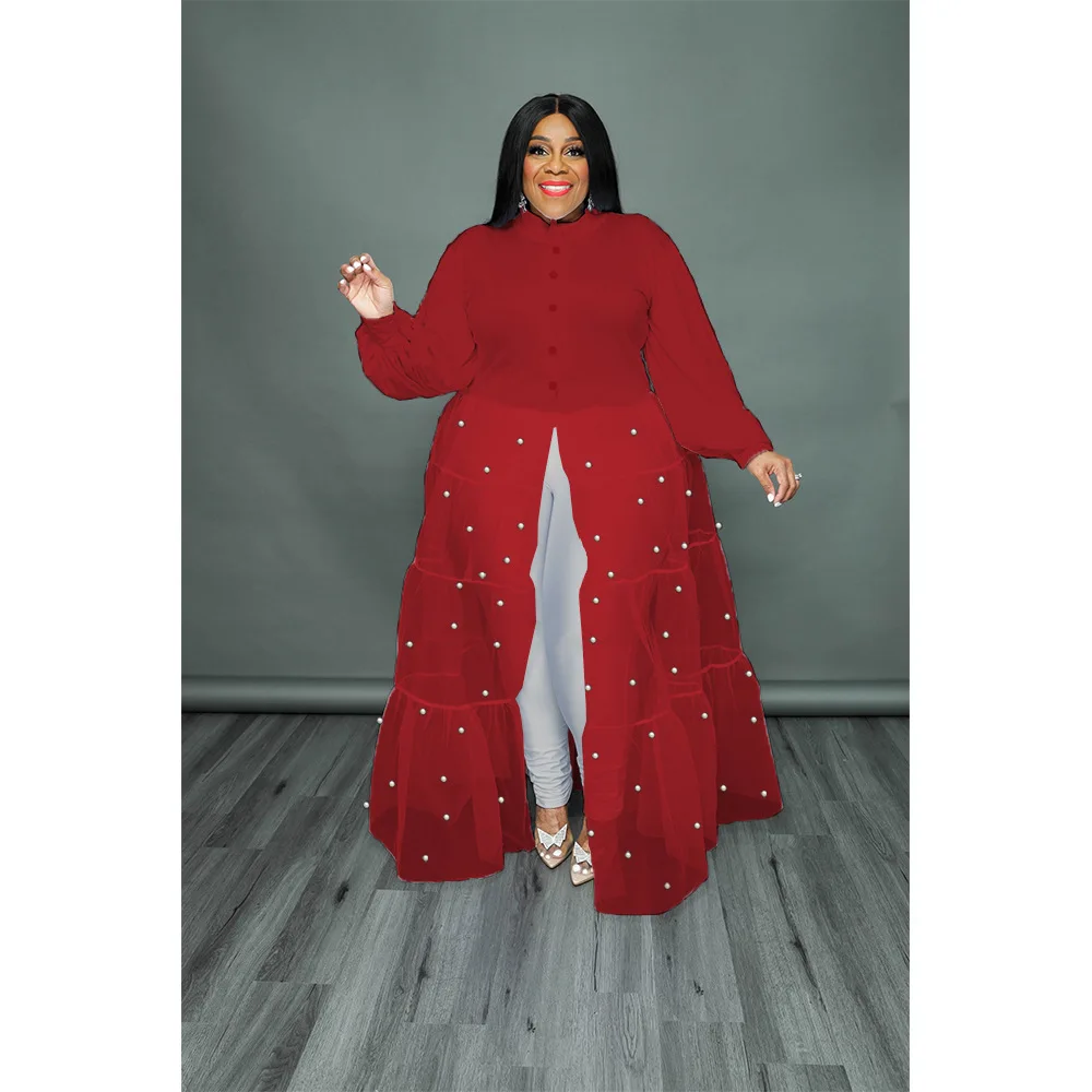 Plus Size Dresses Designer Dress Women Luxury 2022 Runway Ankle-Length Long Sleeve Turn-down Collar Button Full Solid  Loose