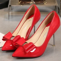 fashion female thin high heels red black nude patent leather shoes party office work pointed toe pumps for woman with bow db0096