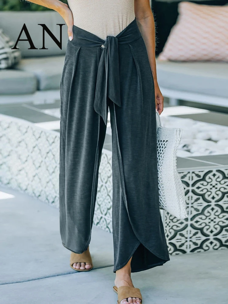 2022 Summer Loose Casual Pants Belt Tied Wide-leg Pants Knitted Sports Casual Pants Women At Home Stacked Leggings  Y2k Pants