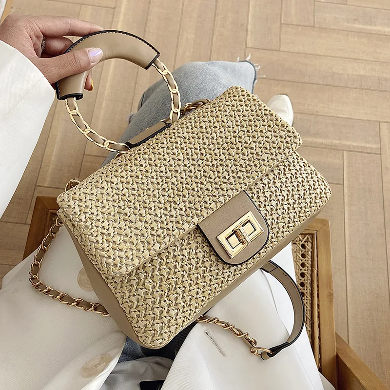 

New Straw Handbags Women's Designer Summer Beach Bag Vintage PU Handbag Woman Shoulder Bag Luxury Brand Ladies Messenger Bag