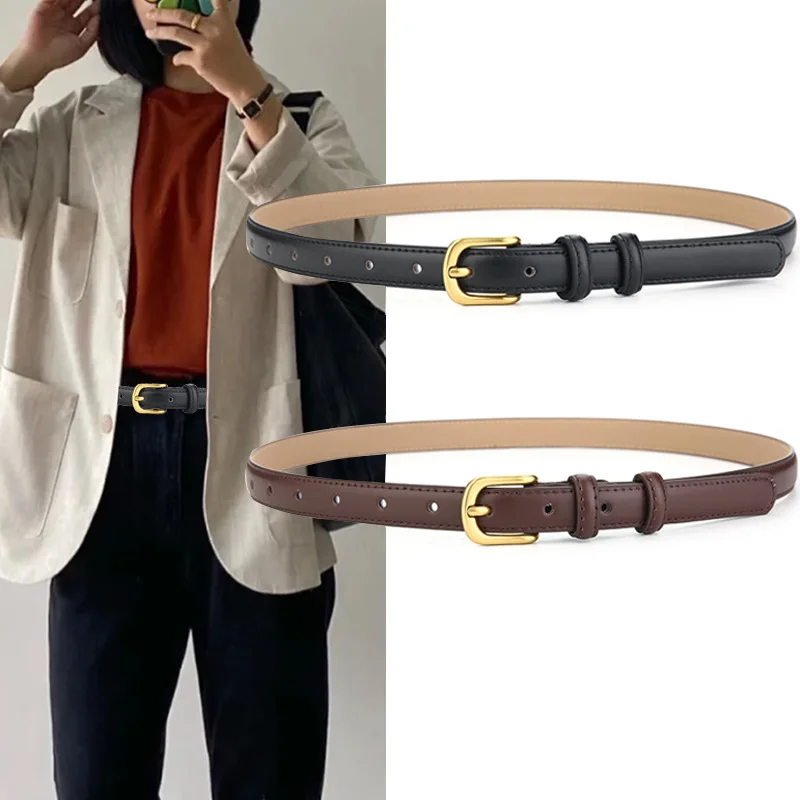 Women's Luxury Genuine Leather Belt Retro Wearing Fashion Gold Button Jeans Belt Small Design Versatile Thin Belt