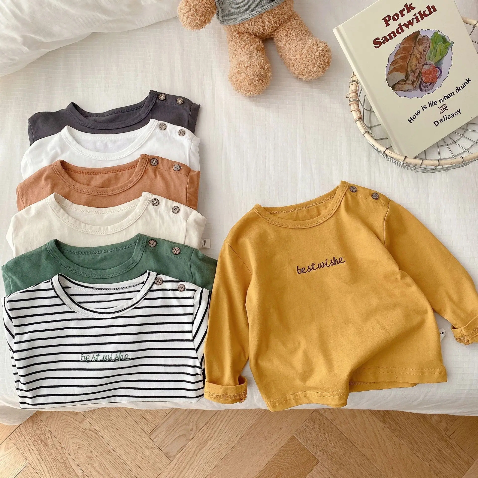 

Children T-shirt Long Sleeve Letter Embroidery Spring Autumn Toddler Baby Pullover Tops For Girls Boys Soft Cotton Kids Tees