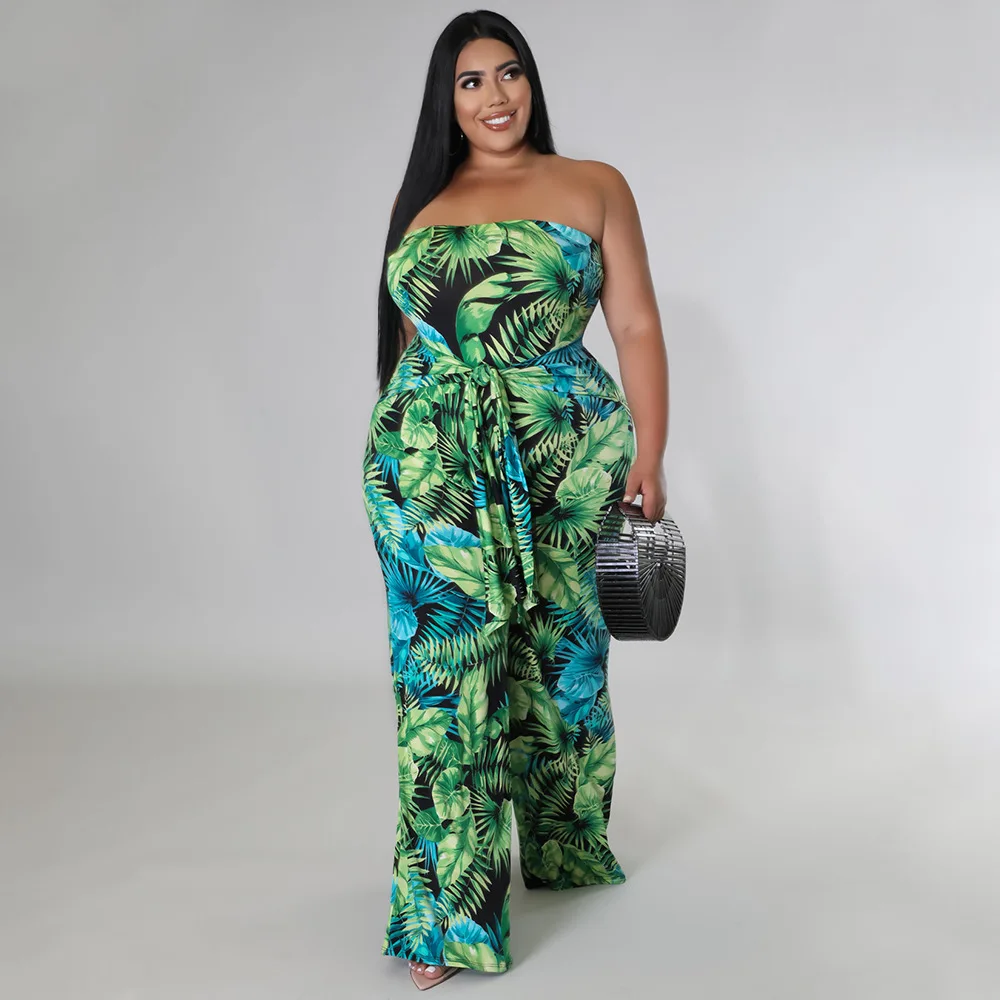 

Fashion Print Sleeveless Wrap Chest Tie Backless Plus Size Jumpsuit Western Style Over Size Ladies Summer 2022