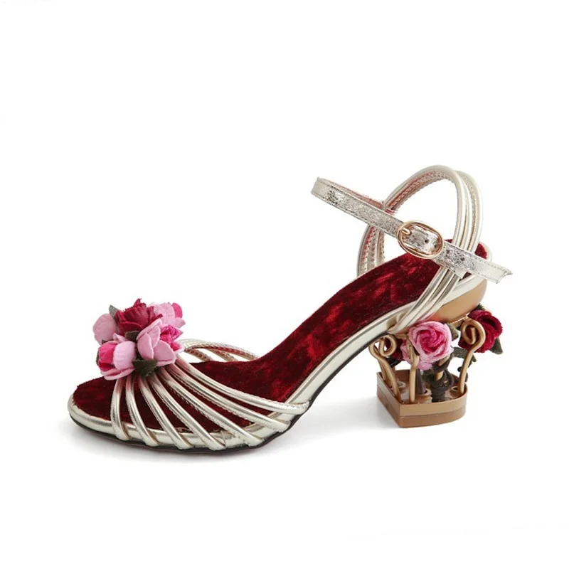 Vintage Flower Birdcage Women Sandals Hollowed High Heel Open Toe Sandal Ankle Strap Pumps Woman Dress Shoes