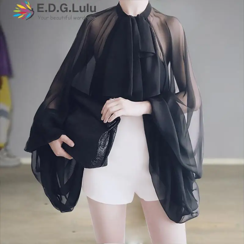 

EDGLuLu Fashion O-neck Lace-up Bow See Through Mesh Top Backless Women's Shirt Lantern Sleeve Sexy Elegant Chiffon Shirt 0608