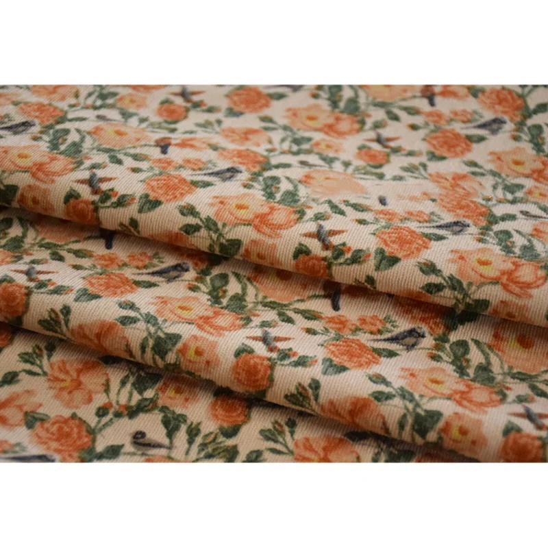 Хлопковая Вельветовая ткань с оранжевым цветочным принтом и птицами платье