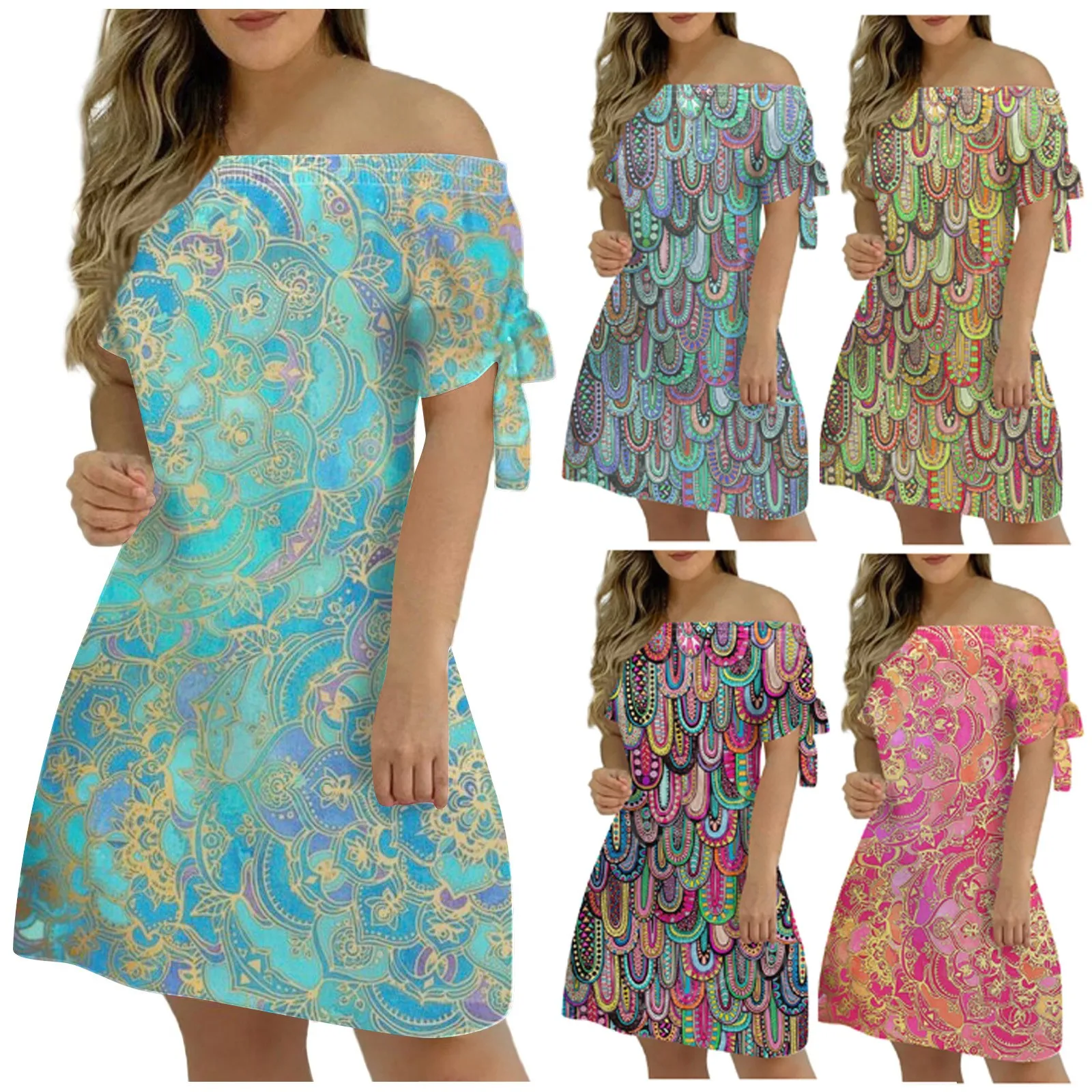 

Ladies Clothes One Shoulder Printing Mid Waist Bohemian Printed Ruffle Sleeve A-Line Mini Fashion Casual Sexy Dress Vestidos