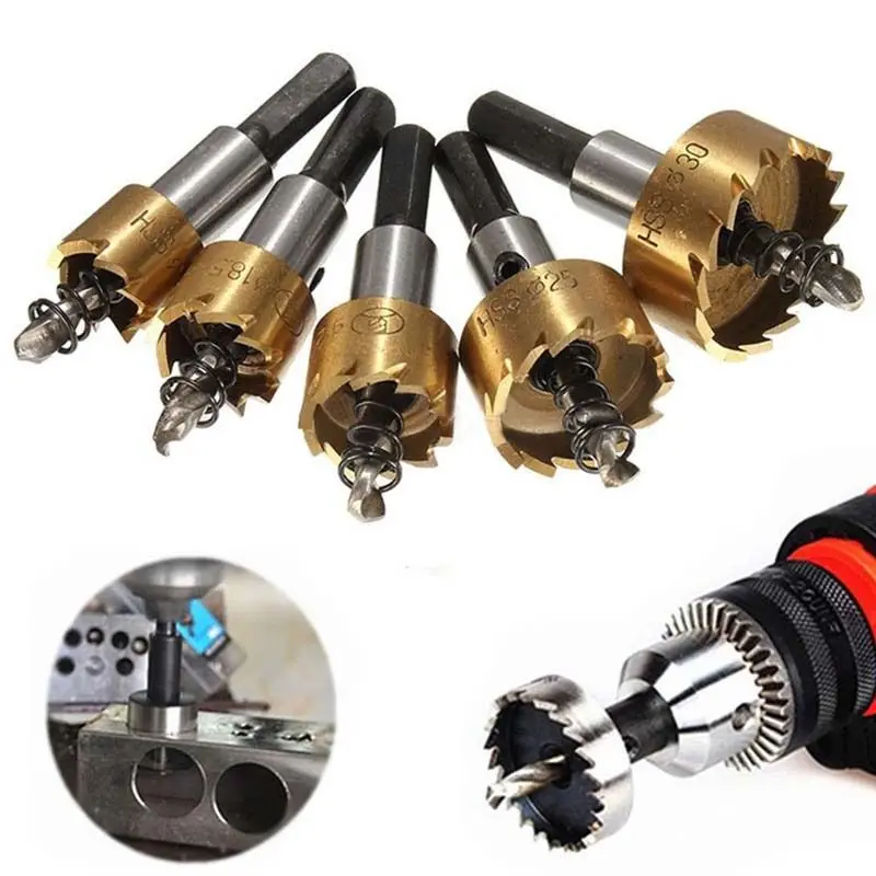 

K40 5Pcs Titanium Plating HSS Carbide Tip Drills Bit Hole Saw Set Stainless Steel Metal Alloy 16/18.5/20/25/30mm Pocket Hole Jig