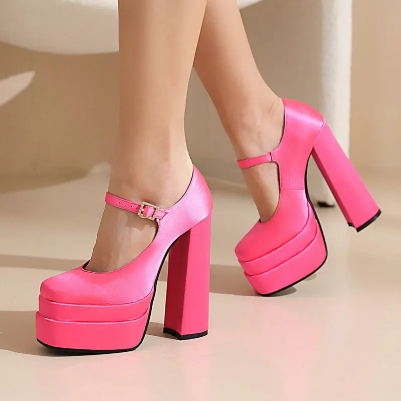

2022 Spring Summer Women High Heels Fashion Buckle Silk Platform Pumps Ladies Square High Heel Wedding Women's Shoes Size 42 43