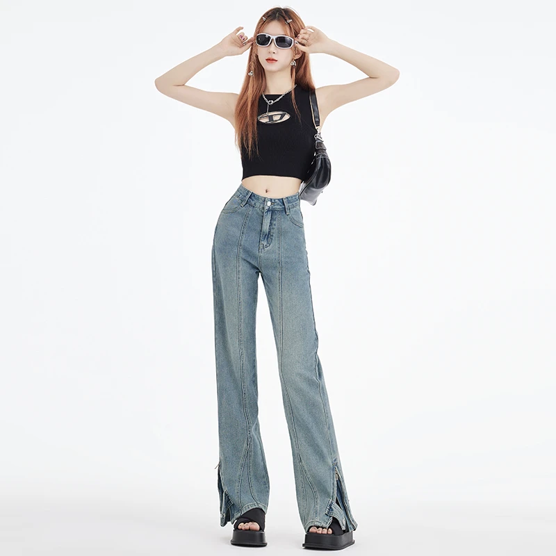 Vintage Blue Jeans Women's Pants High Street 2023 Summer New Foot Opening Split Zipper Button Loose Wide Leg