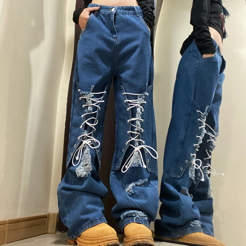 

Y2K Women Vintage Streetwear Korean Baggy Cargo Jeans High Waist Straight Wide Leg Pants Denim Trousers Fairy Grunge Alt Clothes