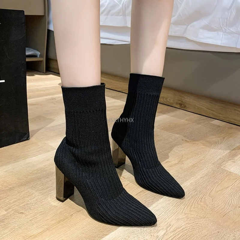 

Простые Модные эластичные ботинки с носками, женская обувь на высоком каблуке, вязаные ботинки с носками, облегающие Женские ботинки с остр...