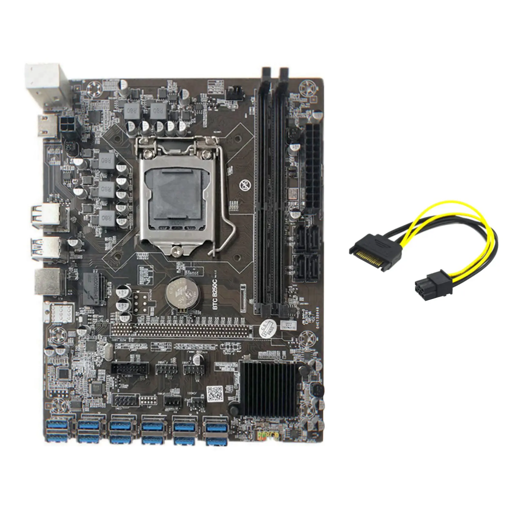 

B250C Mining Motherboard+SATA 15Pin to 6Pin Cable 12 PCIE to USB3.0 GPU Slot LGA1151 Support DDR4 DIMM RAM for BTC Miner
