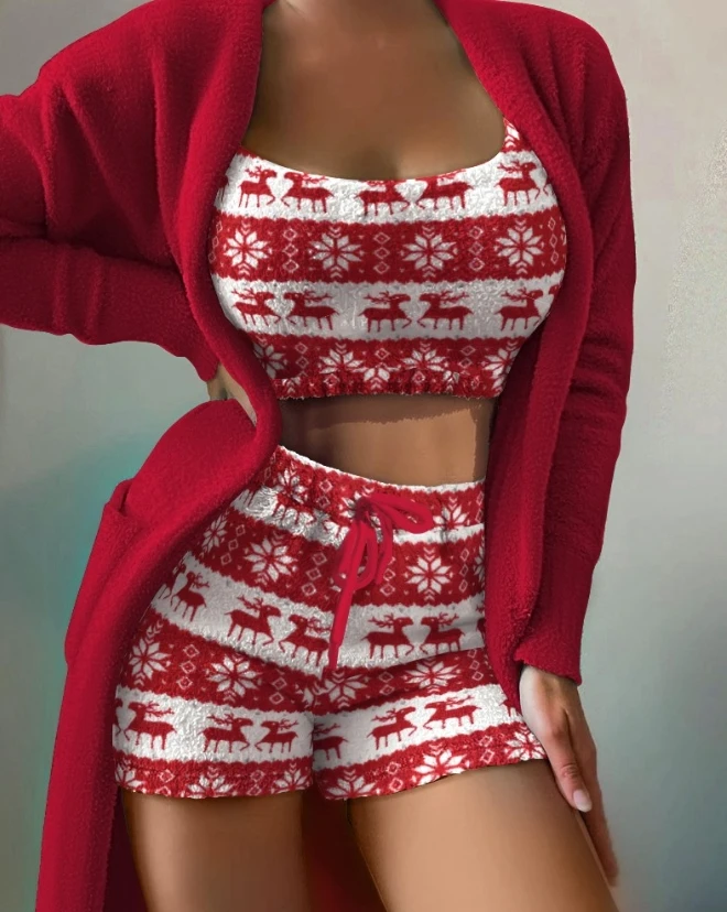 

Sexy Pajamas Sets Long Sleeve 3PCS 2023 Autumn Christmas Fair Isle Pattern Print Fluffy Casual Homewear Cami Set with Cardigan