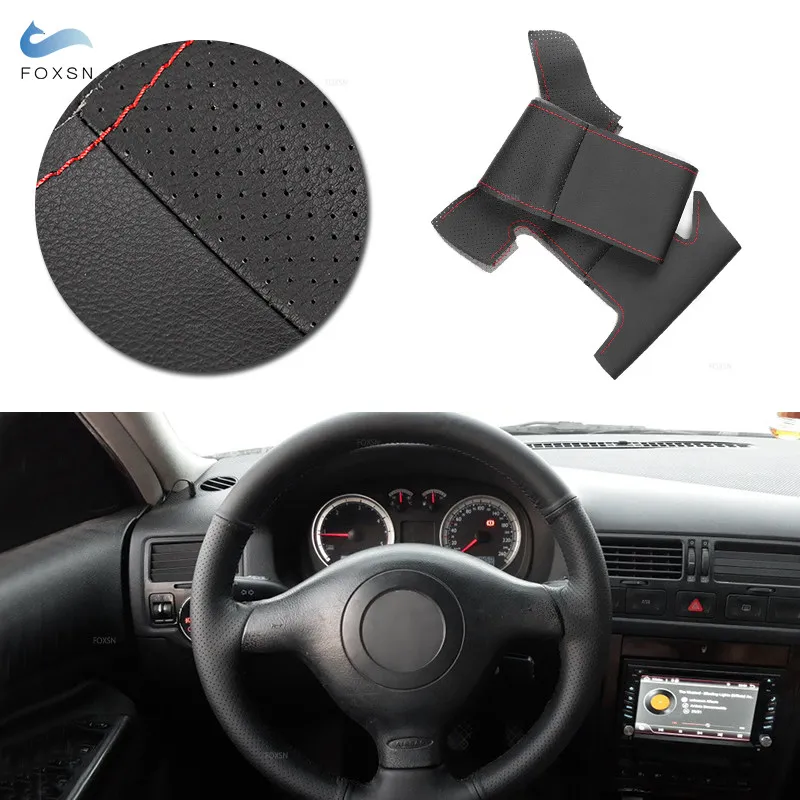 Фото Кожаный чехол на руль автомобиля для VW Golf 4 MK4 1997 1998 1999 2000-2004 Passat B5 Bora Skoda Fabia MK1 1998-2004 №1