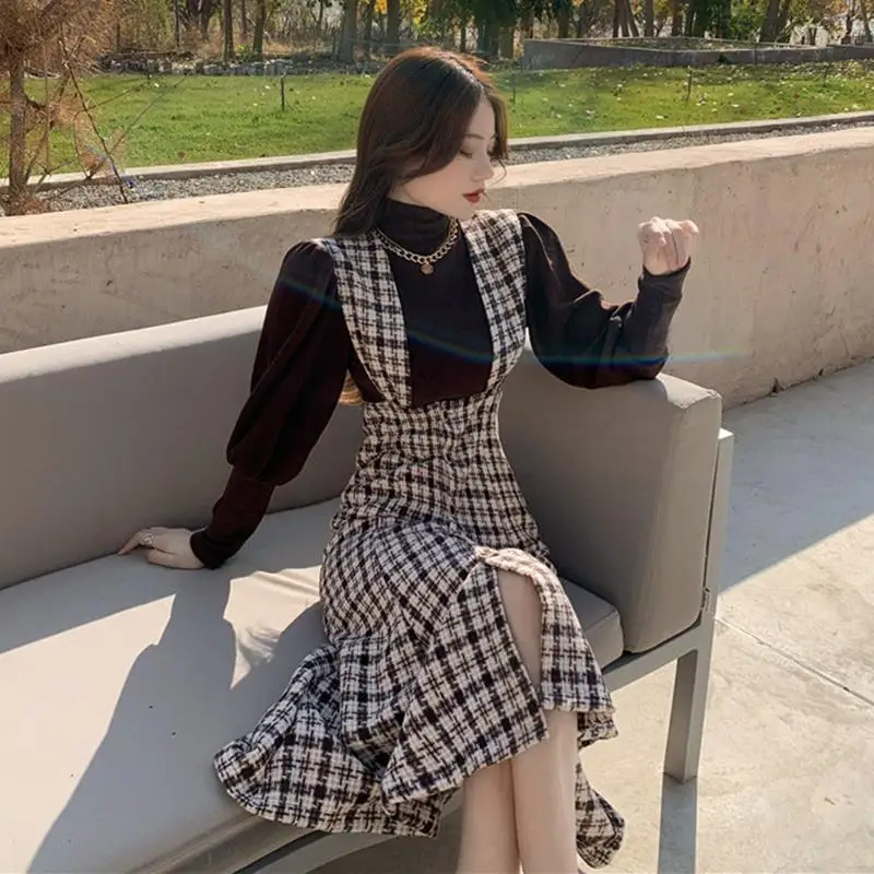 

Women Tweed Plaid Mermaid Dress Two Piece Set Autumn T-Shirt Top and Single-Breasted Vest Midi Dresses Suit Womens Outfits E455