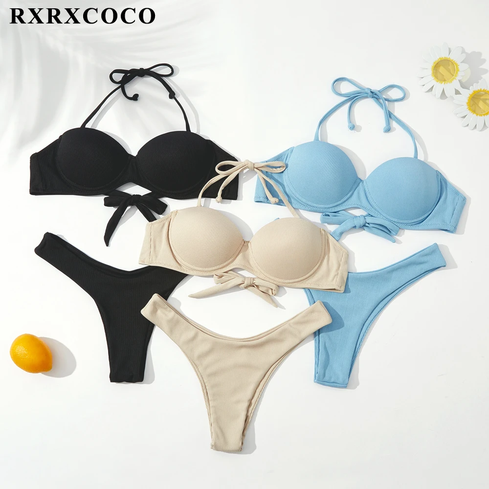 

RXRXCOCO Solid Women Bikini Set Bandage Sexy Women's Beachwear Female Push Up Summer Biquni Bathing Suit Low Waist Swimwear 2022