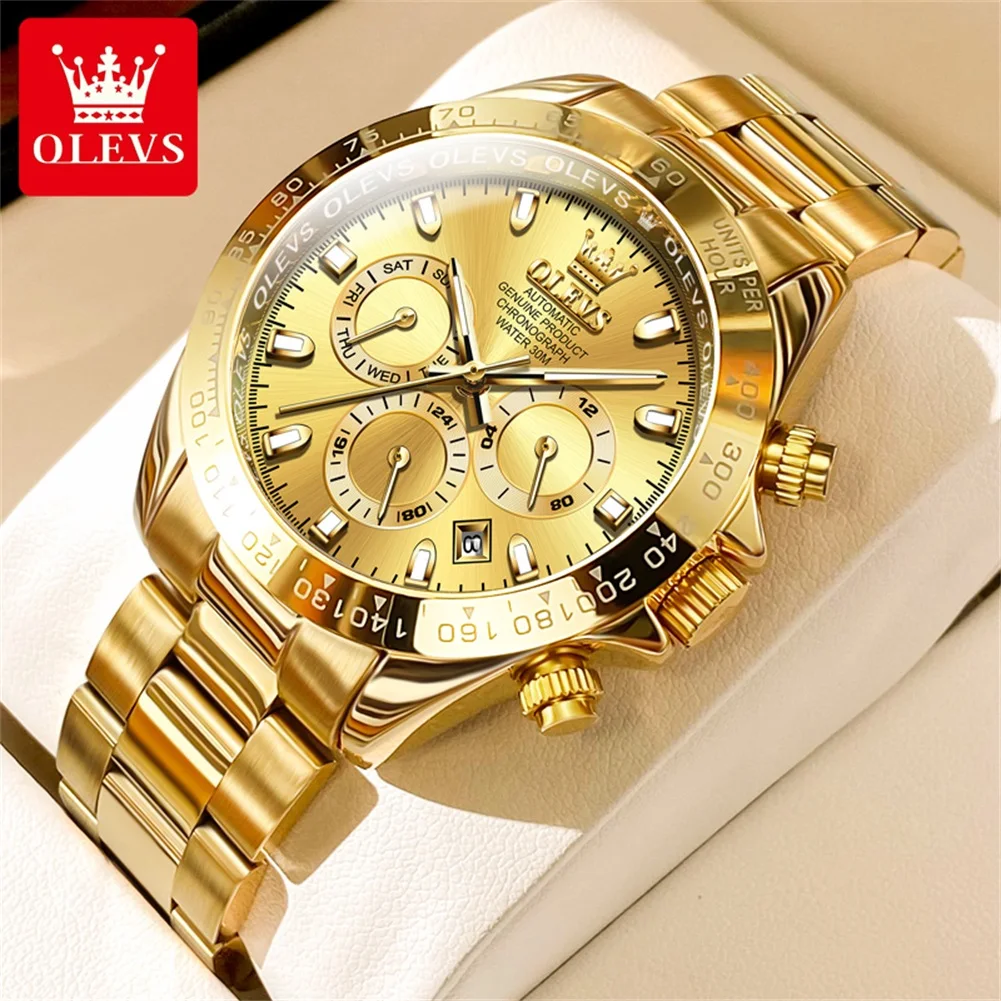 OLEVS Фирменные новые роскошные золотые механические часы для мужчин с ремешком из