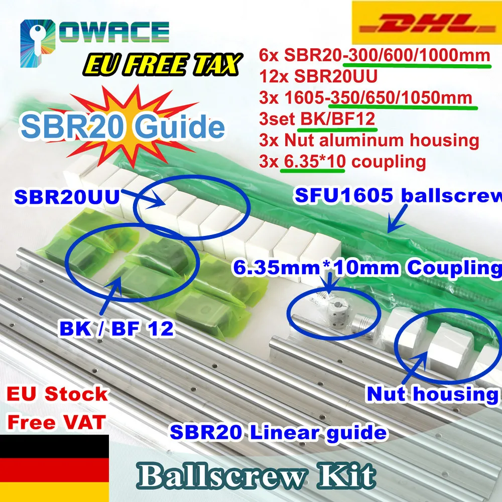 

[EU Delivery] SBR20 Linear Rail 300/600/1000mm+Ballscrew SFU1605 350/650/1050mm with Nut +BK/BF12 Bracket+6.35*10 Couplings