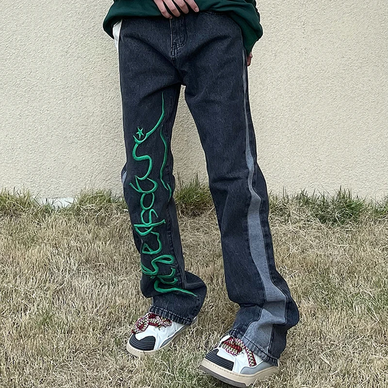 

Harajuku Color Block Letter Embroidery Ripped Retro Jeans for Men and Women Patchwork Hip Hop Baggy Denim Trousers Oversized