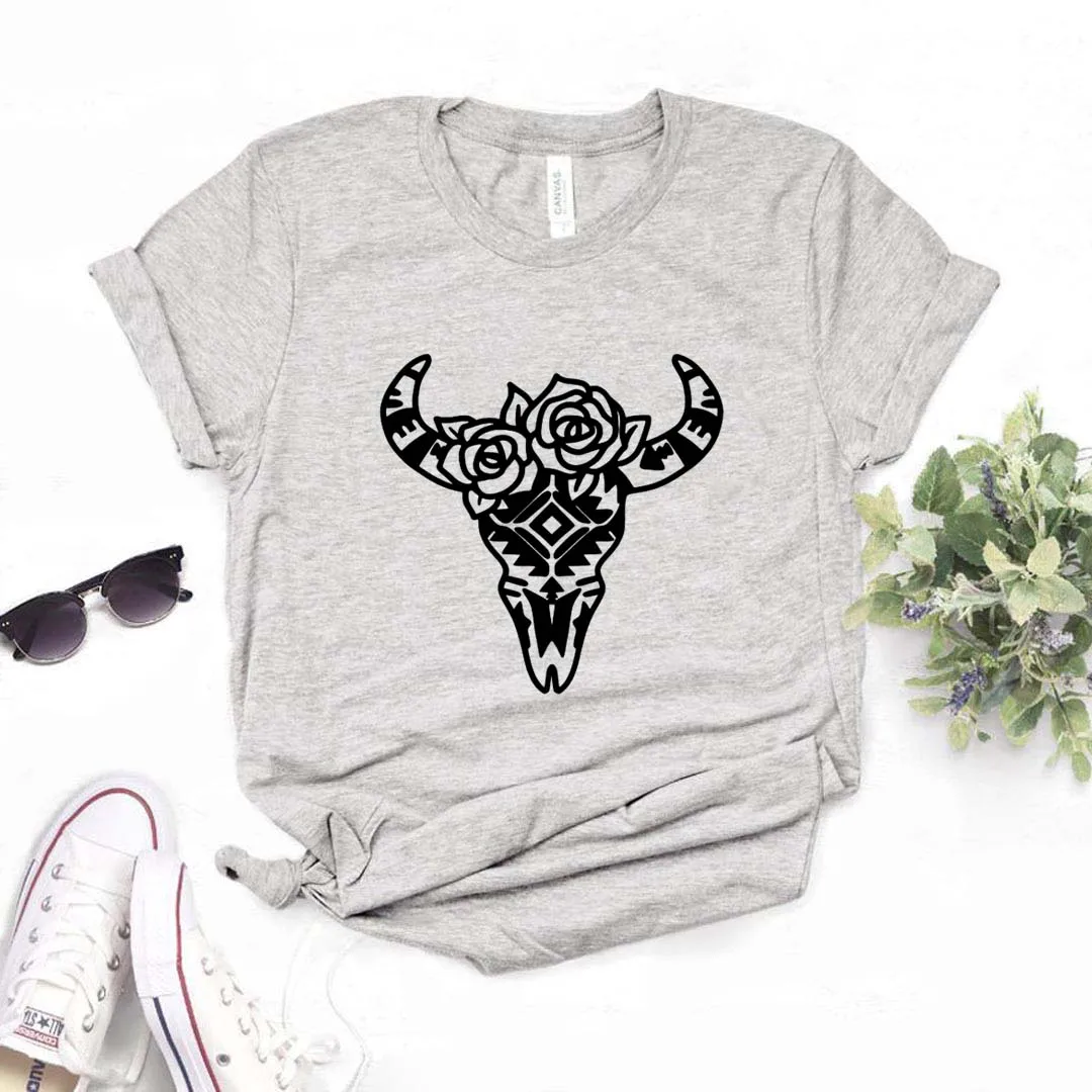 

cow skull flower Print Women Tshirts Cotton Casual Funny t Shirt For Lady Yong Girl Top Tee Hipster FS-499