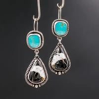 ethnic square stone earrings vintage jewelry silver color metal distortion water droplet black white pattern dangle earrings