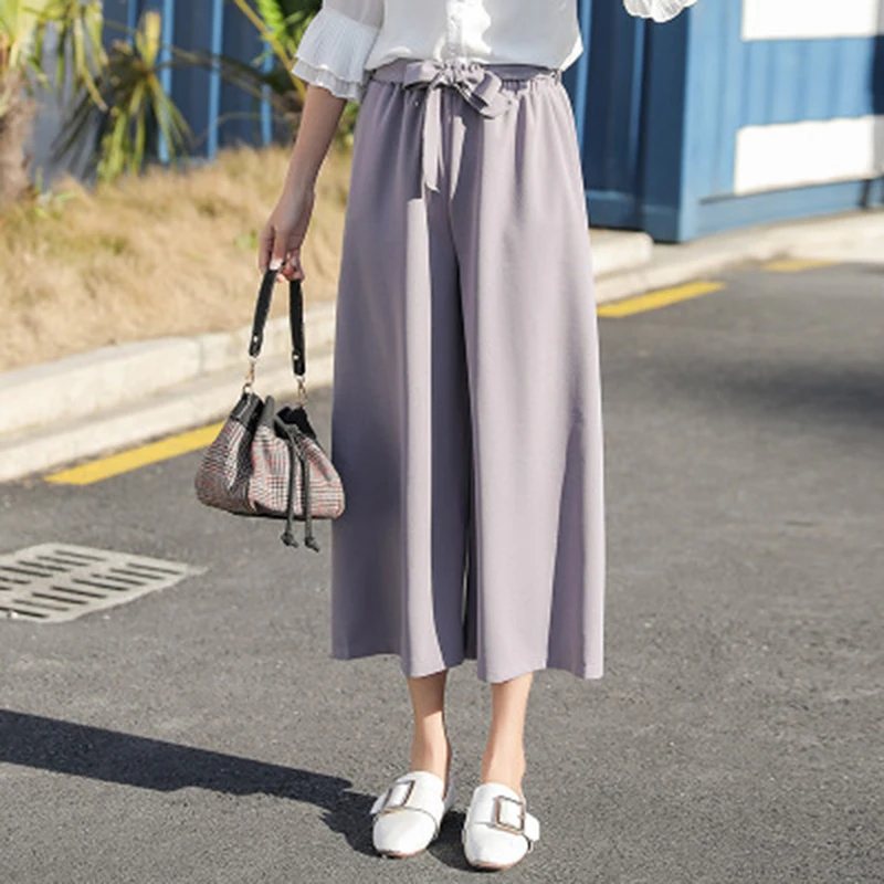 

2022 Summer Autumn Women Chiffon High Waist Wide Leg Pants Bow Tie Drawstring Sweet Elastic Waist Loose Ankle-length Pants Mujer