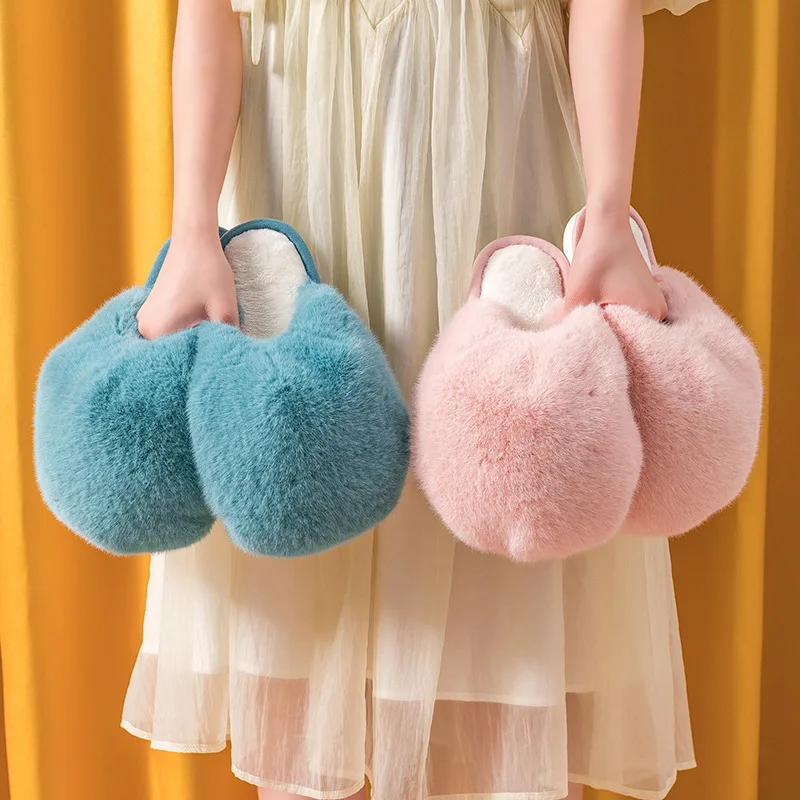 Women Winter Furry  Slippers Cute Faux Fur Fuzzy Big Fluffy Slides Bedroom Soft Anti-Slip Sole Warm Plush Shoes Chaussure House