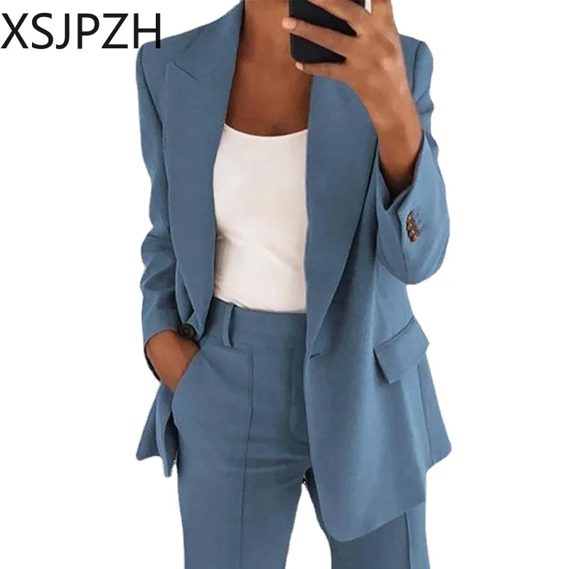 

Hot Selling Women Ladies Long Sleeve Solid Color Suit Pant Set Women Formal Office Long Womans Blazer Daily Commuting Office Set