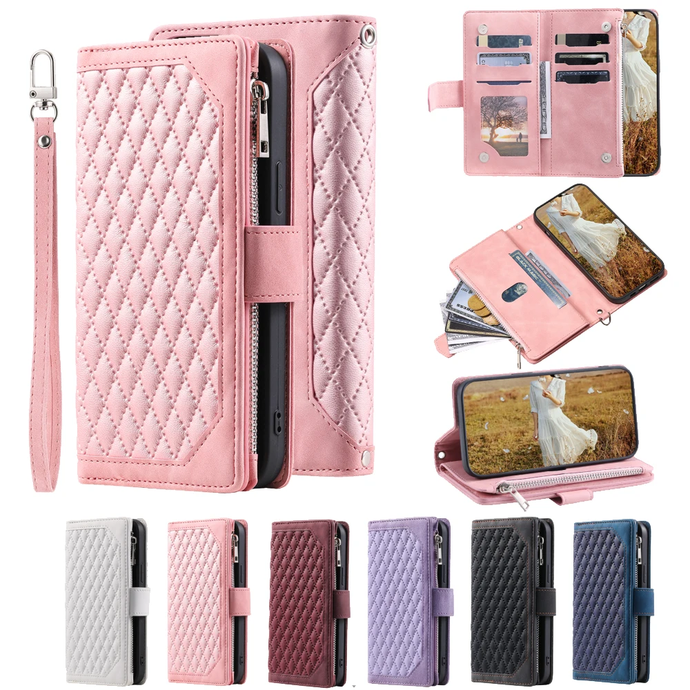 

For Oppo Reno6 Lite Fashion Small Fragrance Zipper Wallet Leather Case Flip Cover Multi Card Slots Cover Folio with Wrist Strap
