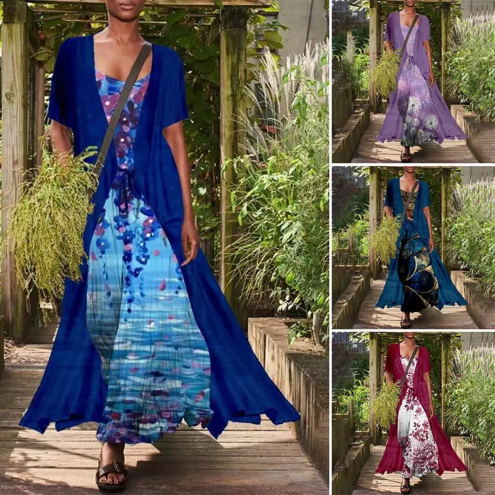 

2Pcs/Set Low Cut Loose Large Hem Dress Cardigan Suit Noble Purple Flower Print Women Maxi Dress Short Sleeve Cardigan Set for Su