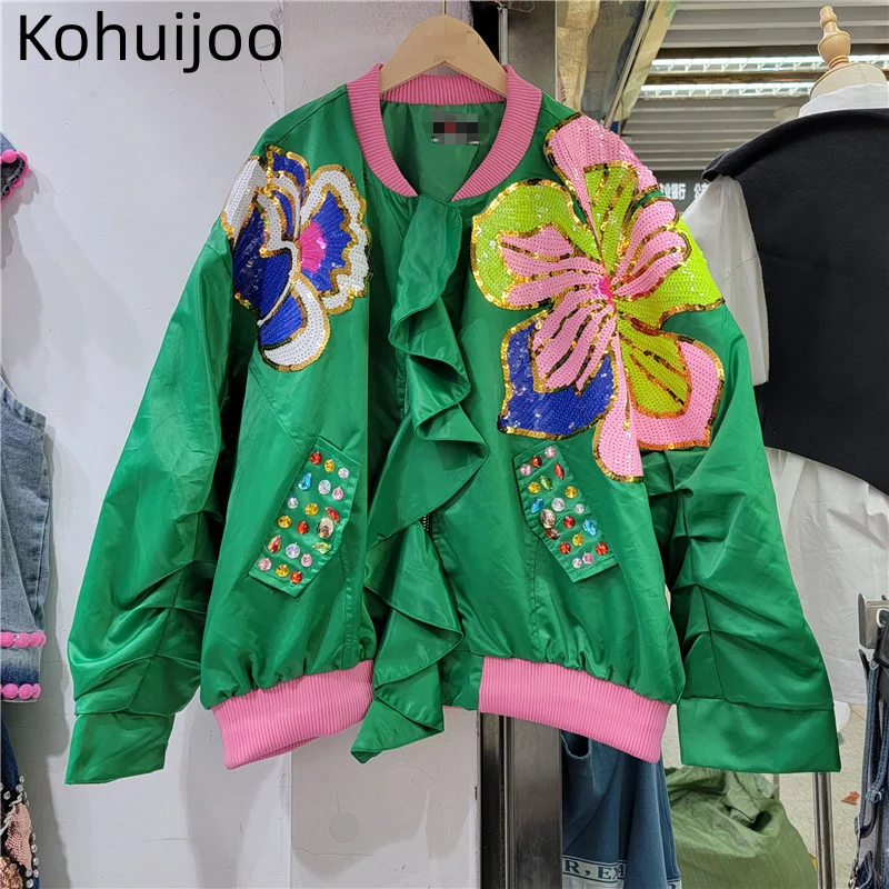 Diamond Varsity Sequins Jackets for Women Contrast Color New 2023 Spring Fall Fashion Flower Ruffles Loose baseball jacket Coat