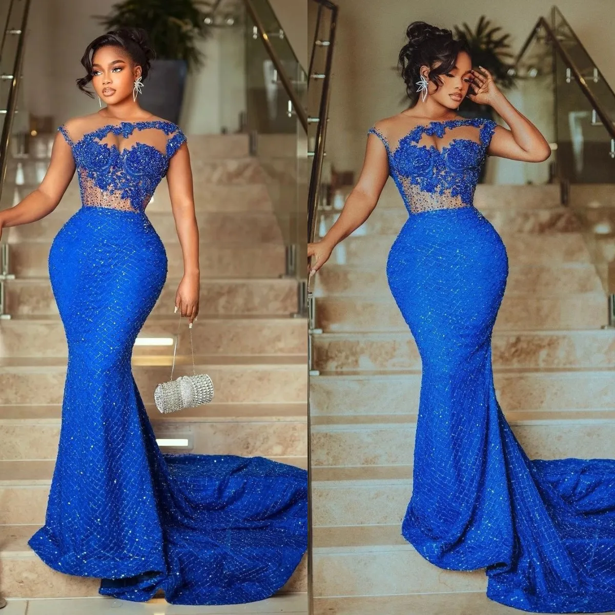 

Royal Blue Evening Dresses O Neck Sparkle Beading Prom Dress Custom Made Sexy Mermaid vestido de novia