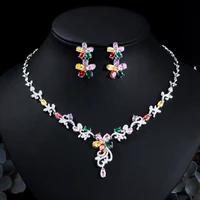 cwwzircons elegant multi color cubic zircon flower wedding necklace earrings women evening party jewelry sets accessories t622