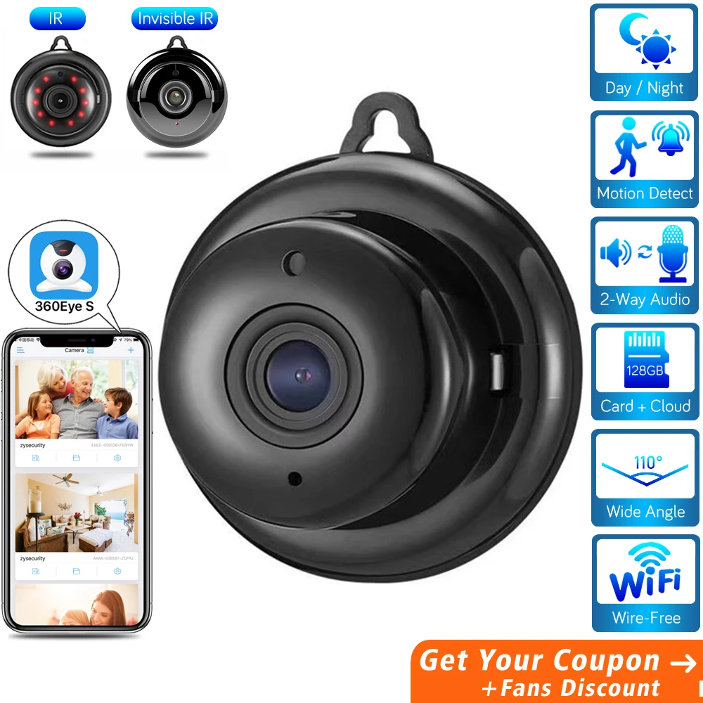 

HD Mini Wifi Camera Indoor TF Card Two Way Audio Invisible IR Night Wireless Home Security Tiny IP Camera Small Baby Monitor