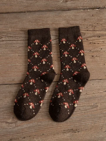 Утолщенные теплые шерстяные носки, носки-трубки, повседневные носки, осенне-зимние теплые удобные хлопковые милые носки в шахматную клетку с рисунком грибов