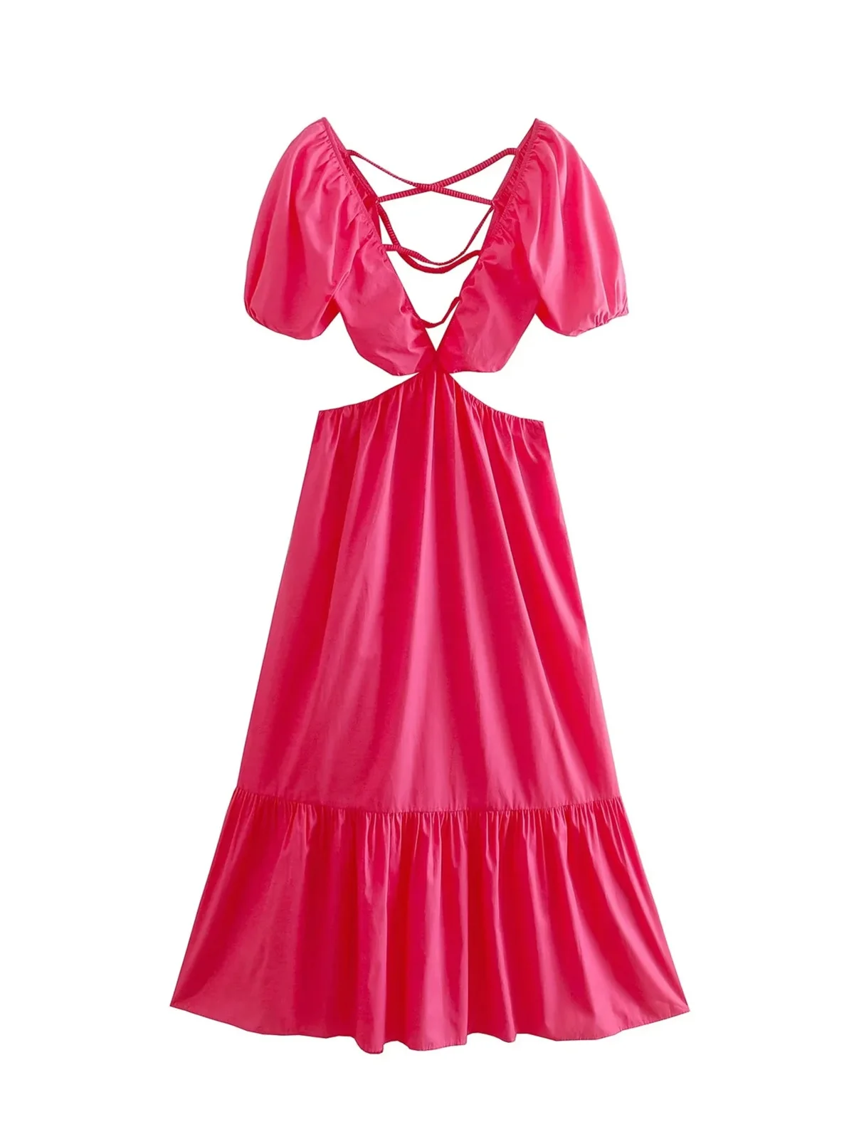 

2022 Summer Women Fashion With Solid Hollow Out Poplin Dress New Ruffles Backless Bandage Short Sleeves Sexy Vestidos Mujur