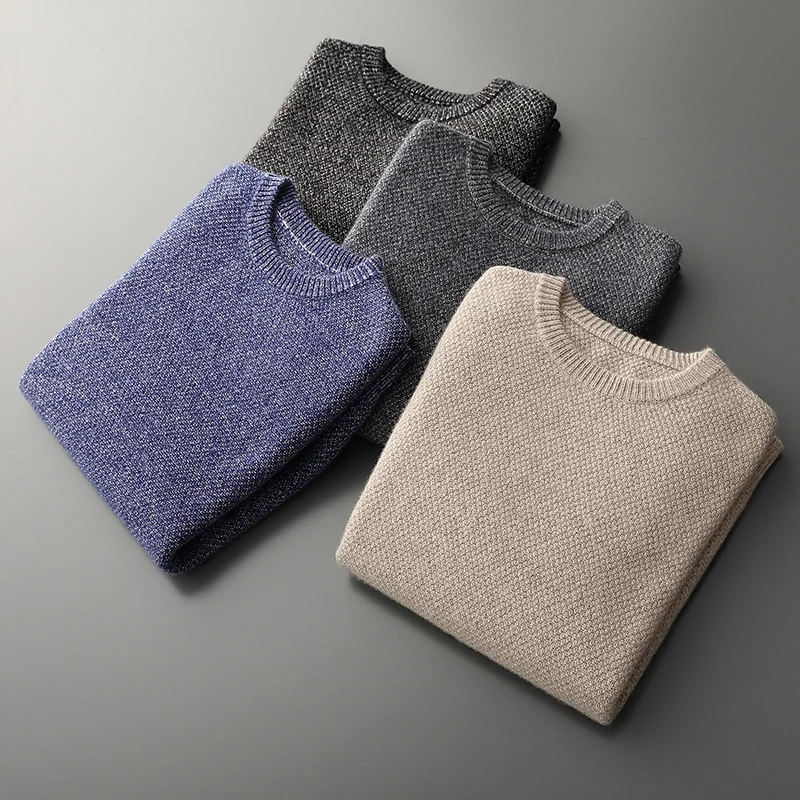 2023 light luxury fashion 100% cashmere sweater men round collar 7-pin double yarn thickened knitted cashmere base sweater warm