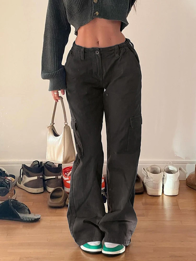 

Серые эластичные женские джинсы WeiYao с низкой талией Y2K, винтажные прямые джинсовые брюки-карго в американском уличном стиле, уличная одежда ...