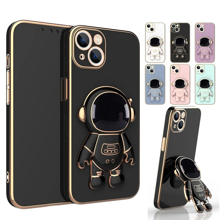 3D Astronaut Folding Stand Soft Phone Case For iPhone 14 13 12 11 Pro Max XR XS 7 8 Plus SE 2022 Plating ShockProof Case Cover
