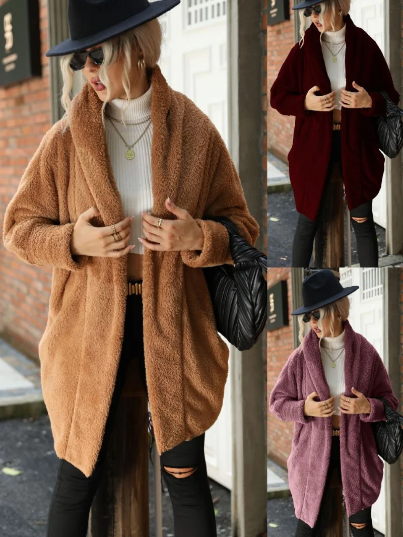 

Autumn Winter 2022 New Flashy Women's Double Sided Velvet Coat Plush Buckle Free Cardigan Solid Color Loose Long Polo Sweater