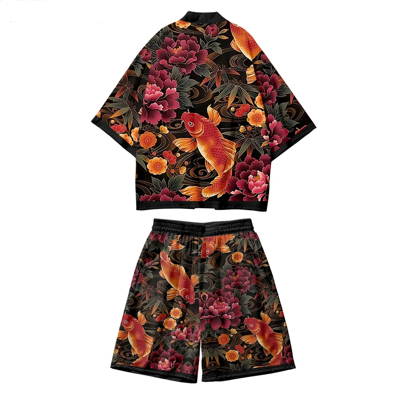 

Japanese Flower Fish Kimono Print Robe + Shorts Sets Fashion Two-piece Suit Traditional Cardigan Women Men Haori Yukata