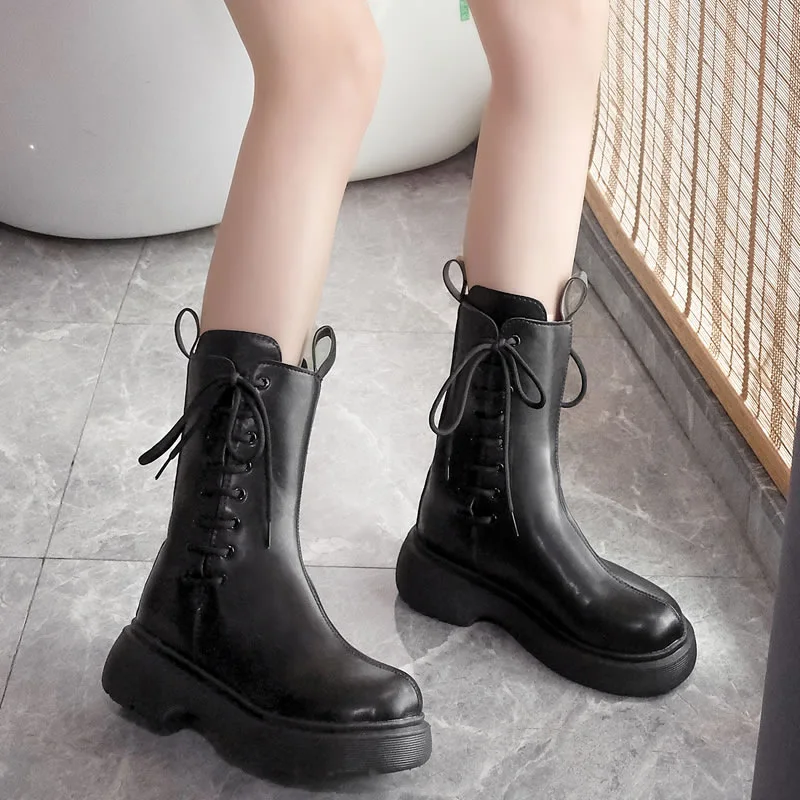 Lady Boots Platform Woman Shoes High Heels Punk Ankle Solid Good Quality Boots Women Lace Up Thick Bottom Ankle Boots