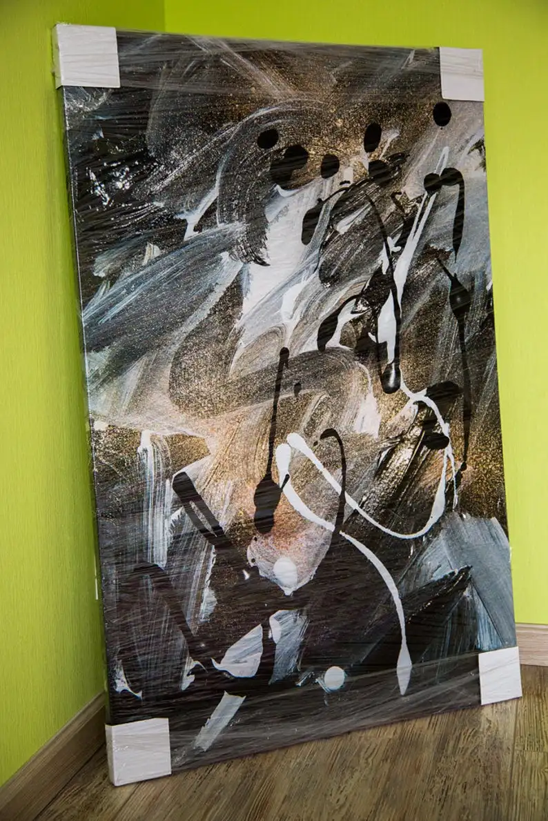 

Jackson Pollock style grey abstract painting, beautiful abstract canvas art gray gold.abstract oil abstract contemporary