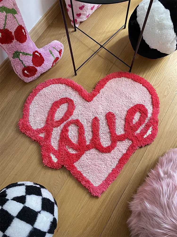 

Y2k Girl Bedroom Decorative Rug Cute Pink Love Living Room Carpet Flocking Alfombra Fluffy Soft Red Love Mat Tapete Tapis 러그 Y2k