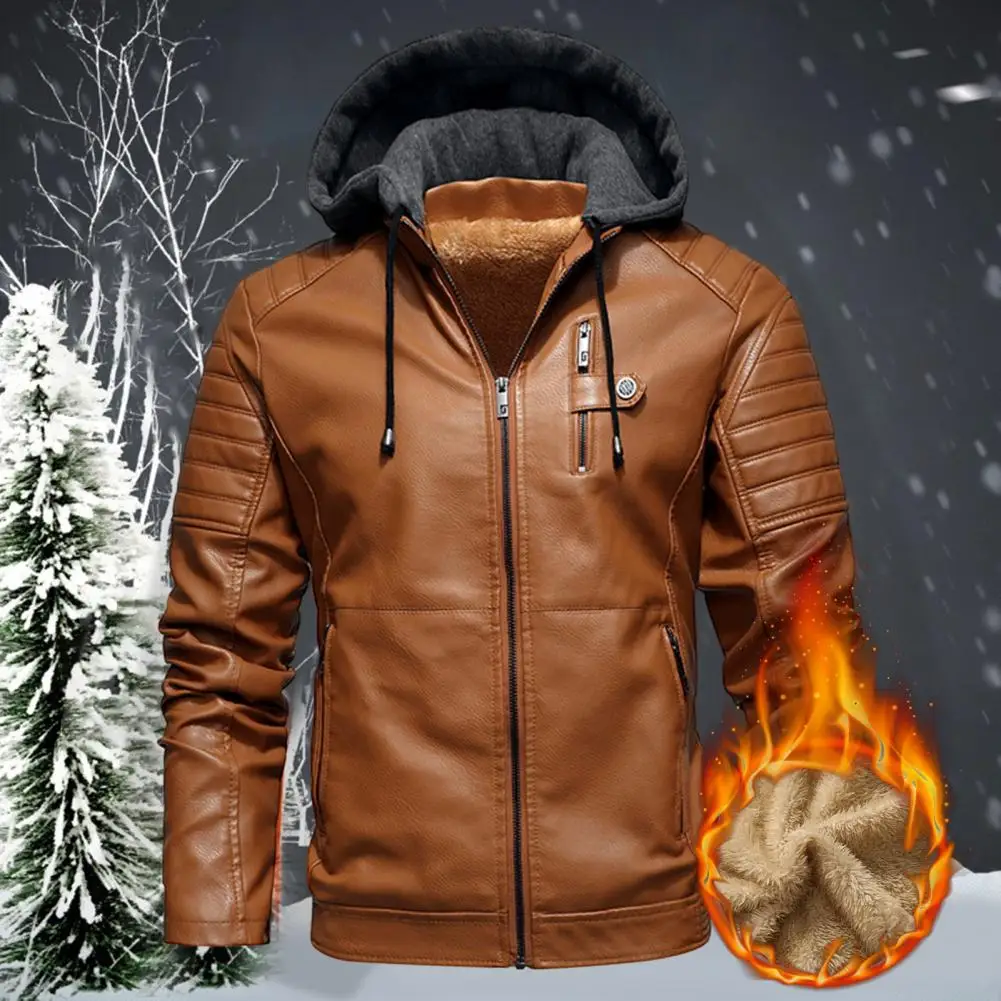 

Men Jacket Fleece Liner Hooded Faux Leather Plus Size Motorcycle Jacket Biker Coat Autumn Winter Windbreaker for Working