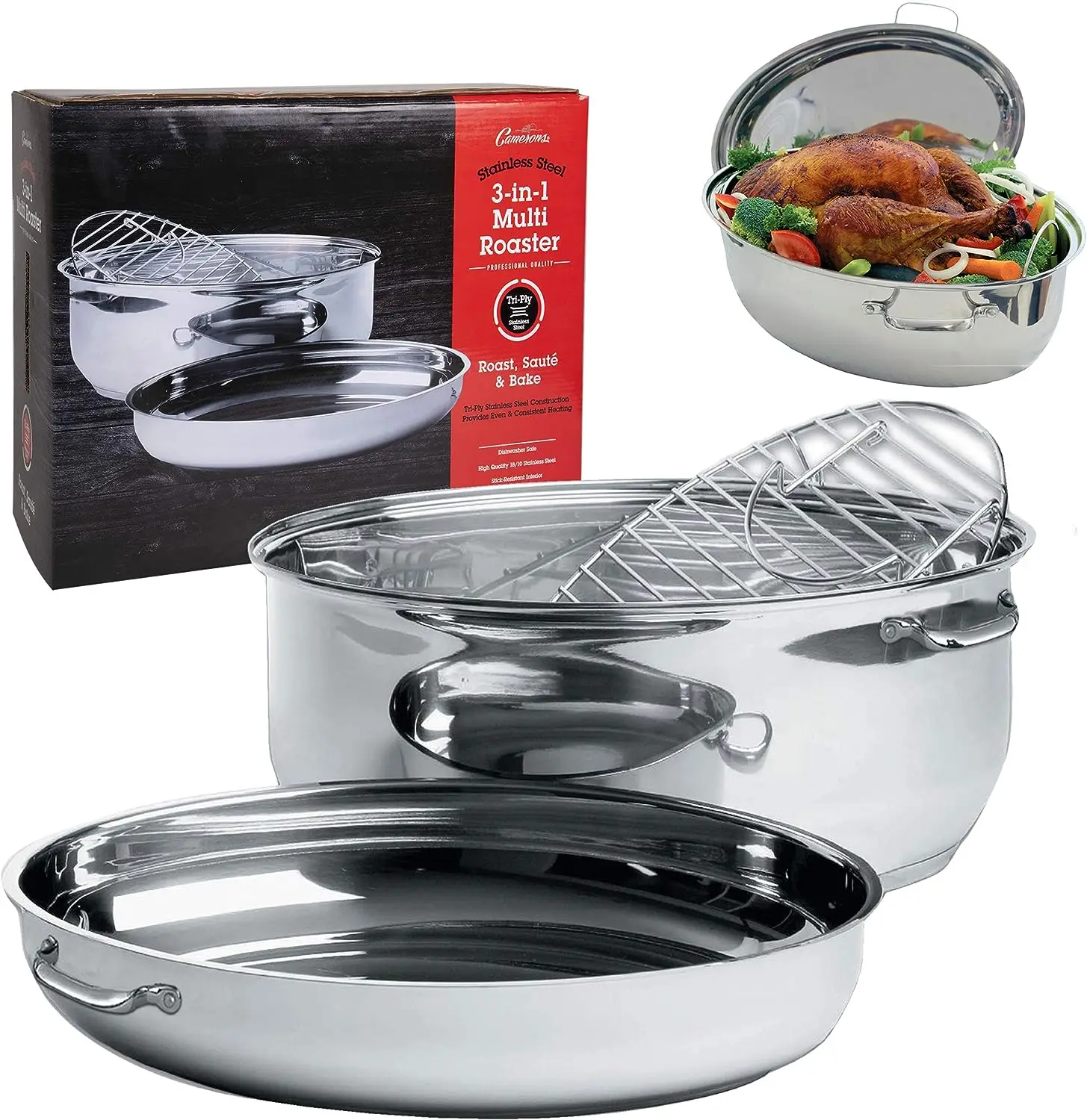 

In 1 Multi Roaster w Lid- 18/10 Professional Grade Tri-Ply Stainless Steel- 11qt Poultry Roasting Pan w , Stock Pot, & Saute