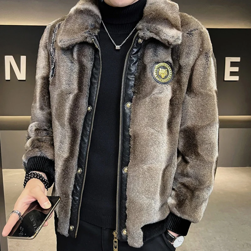 

High Quality Winter New Style Ferret Fur Coat Zipper Golden Mink Velvet Fur Coat Tiger Badge Homme Heren Winterjas Men Fur Coat